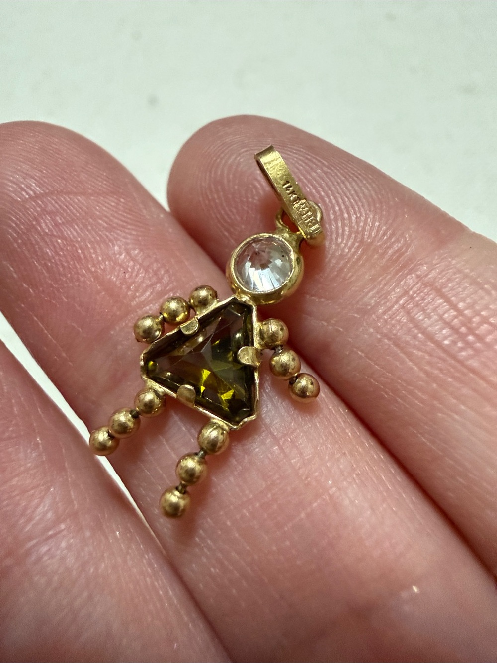 14KT Gold Olive Green Crystal Drop Pendant Little Girl